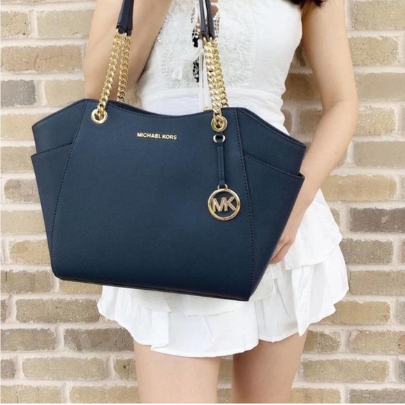 MICHAEL KORS Navy Blue Leather Jet Set Travel Gold-Tone Hardware Tote Handbag - Picture 2 of 16